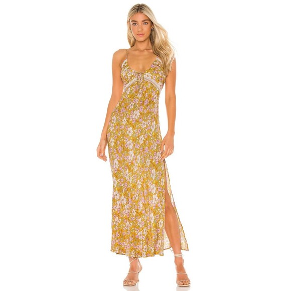 Free People Yellow All I Wanted Maxi Slip Floral Dress  Sz M Retro Boho Vacation - Picture 1 of 11